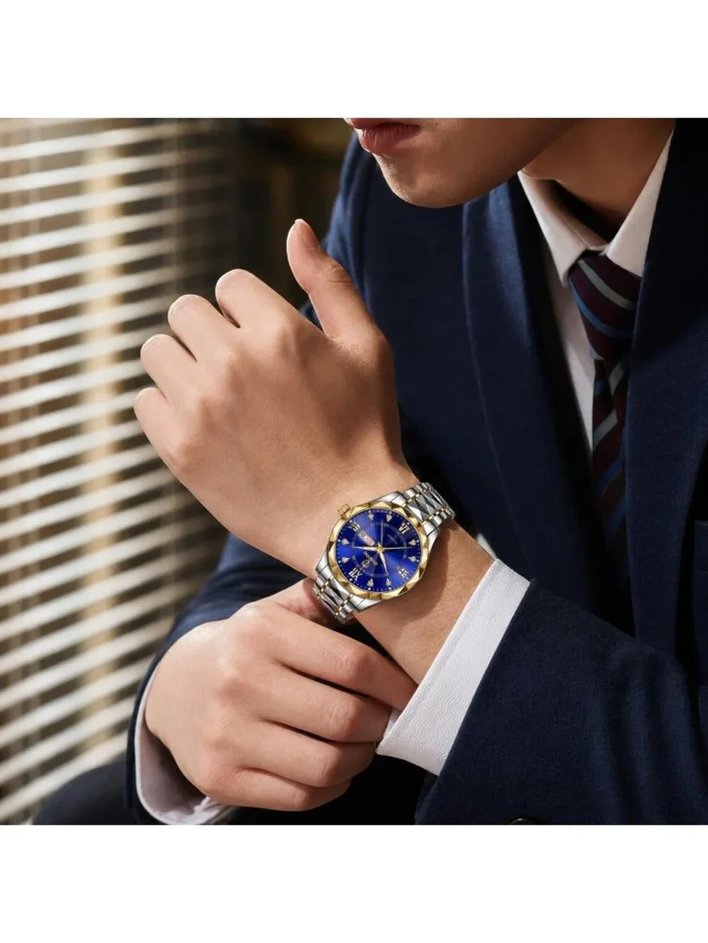 Men's Silver And Blue Analog Stainless Steel Roman Numeral Diamond Luxury Watch